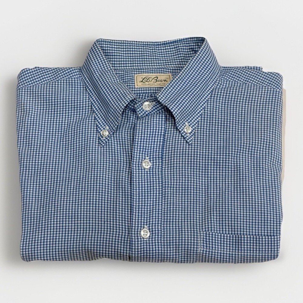 Vintage 1980s L.L Bean Blue Gingham Check Button Up Shirt Long Sleeve USA Size M